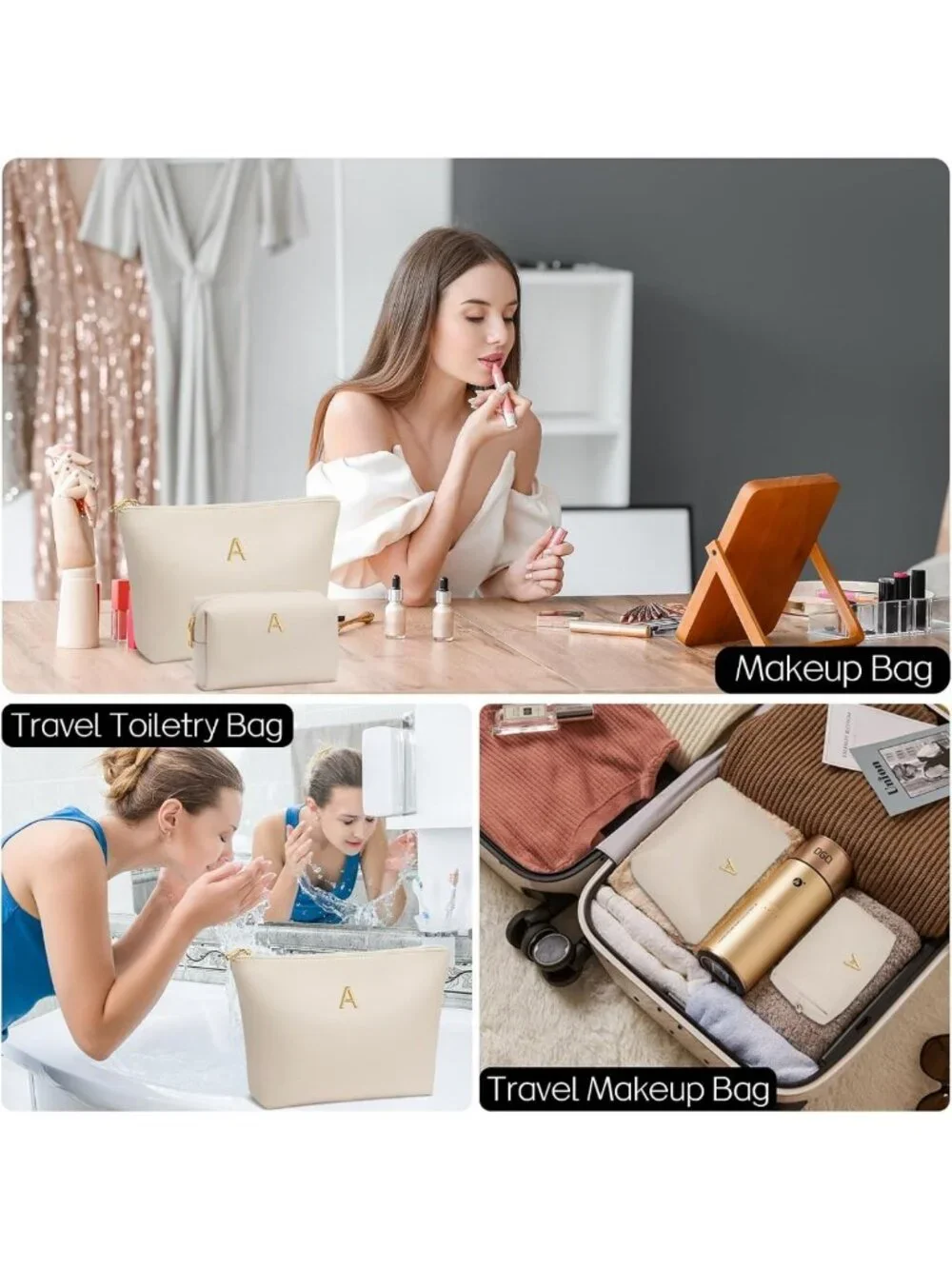 Personalized Initial Makeup Bag | PU Leather Travel Toiletry Bag for Women Gifts